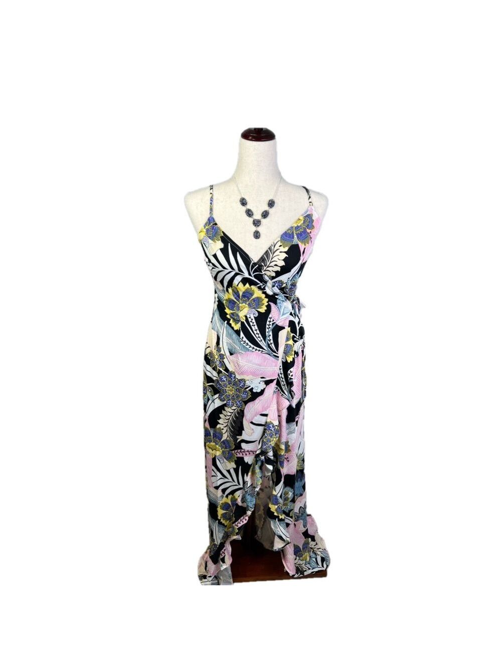 #106 Pink & Black Floral Print Wrap Dress - Dress ONLY